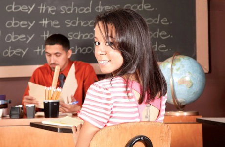 Cute 18 year old Samantha Mendez seduces her teacher while serving a detention