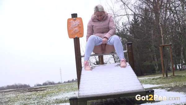 Blonde girl Licky Lex takes a pee on a snow-covered slide at a park  - Public, Pissing, Jeans, Beautiful, Czech, Pussy, Babe, Outdoor, Spreading, Close Up  - Photo 3