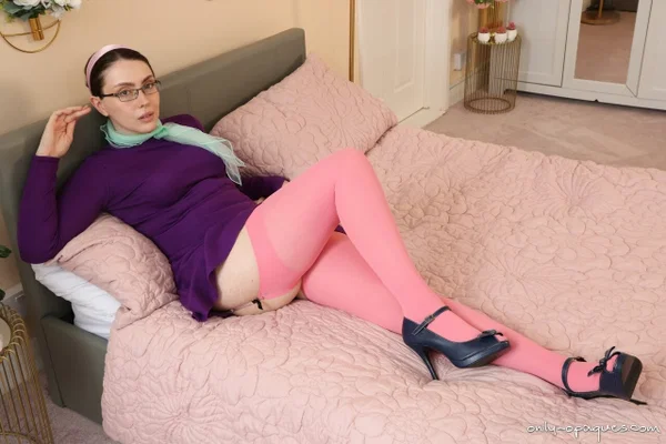 Brunette plumper Little Miss Fox takes off her dress in pink nylons  - Thick, Curvy, Glasses, Chubby, BBW, Ass, Panties, Pigtails, Stockings, Clothed  - Photo 4