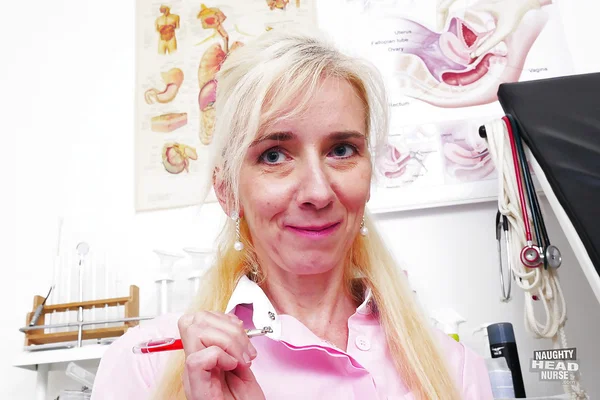 Older blonde nurse rids uniform before toying hairy cunt with large sex toy  - Nurse, Anal Gape, Pussy, Spreading, Hairy, Mature, Masturbation, Nipples, Close Up, Dildo  - Photo 1