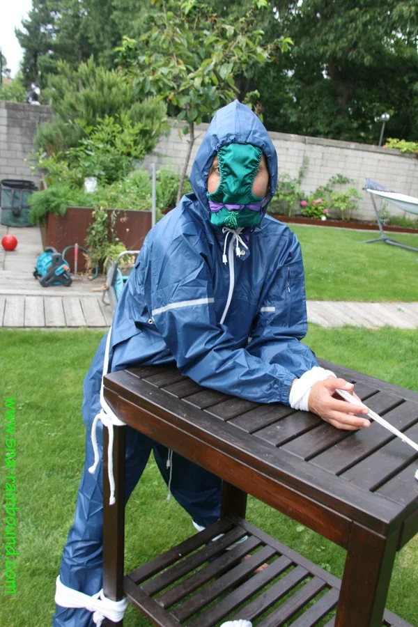 Caucasian woman is tied to a table in a yard with panties over her face  - Amateur, BDSM, Outdoor, Bondage, Non Nude, Clothed, Ass, PAWG  - Photo 13