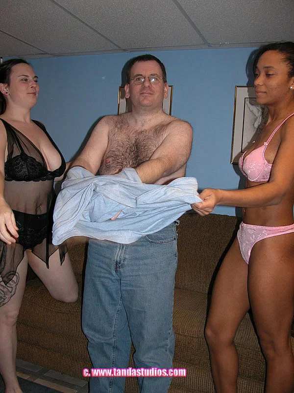 Naughty amateurs Lucky and Madalyn undress and share a nerd's dick orally  - Ebony, Chubby, Amateur, Groupsex, African, Black, Curvy, Blowjob, BBW, Lingerie  - Photo 4