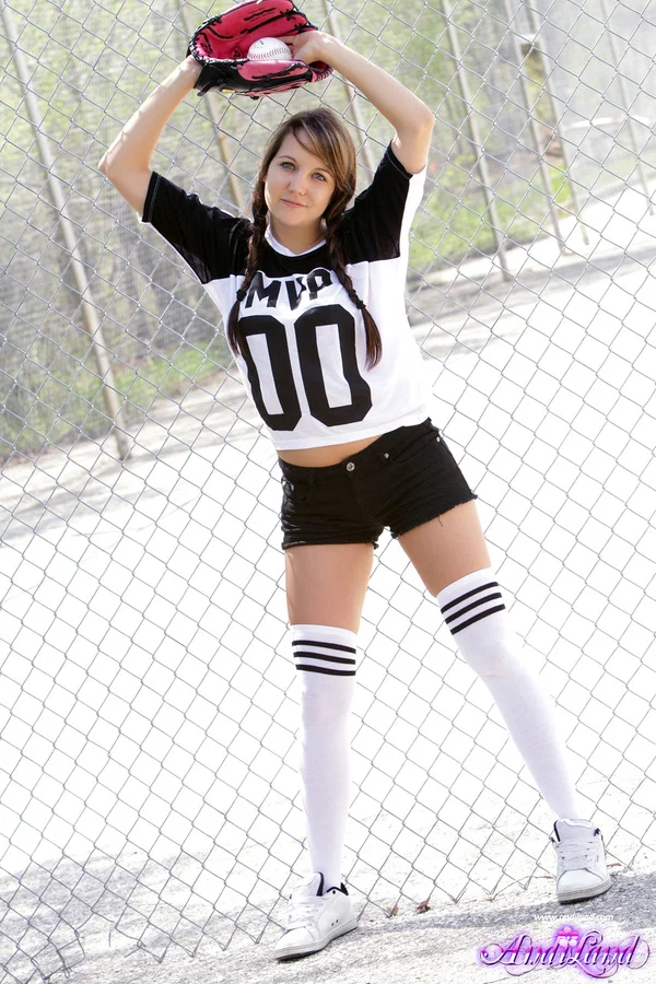 Young girl Andi Land exposes herself while playing ball at a diamond  - Amateur, Teen, Shorts, Outdoor, Stockings, Ass, Pigtails, Panties, Clothed, Skinny  - Photo 3