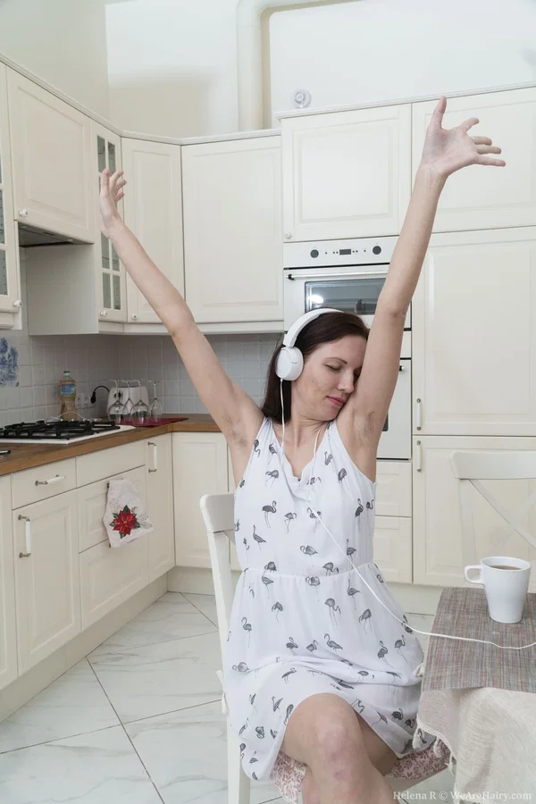 Young brunette Helena R jams to some music & fingers her excited hairy pussy  - Hairy, Amateur, White  - Photo 4