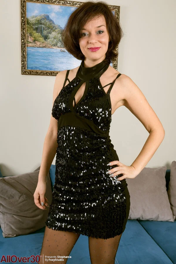Over 30 lady Stephania peels off cocktail dress and sexy pantyhose  - Pantyhose, MILF, Brunette, Clothed, Lingerie, Panties, Skirt, Big Tits, Legs, Ass  - Photo 1