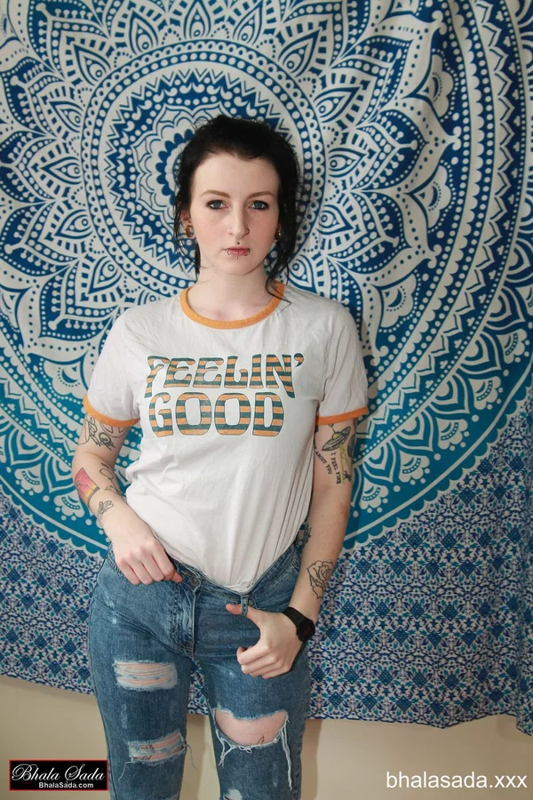Gorgeous brunette MILF posing in her white shirt and ripped jeans in a solo  - Jeans, Tattoo, MILF, Clothed, Babe, Non Nude, Beautiful, Solo, Brunette  - Photo 13
