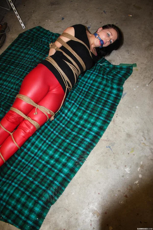 Clothed female lays on a blanket all tied up with ropes and ball gagged  - Bondage, Clothed, BDSM, High Heels, Babe, Schoolgirl, Brunette, Beautiful, Solo  - Photo 7