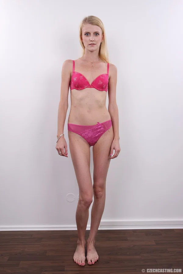 Skinny blonde with striking eyes stands naked after getting rid of her clothes  - Casting, Czech, Face, Ass, Thong, Panties, Hairy, Lingerie, European, Close Up  - Photo 5