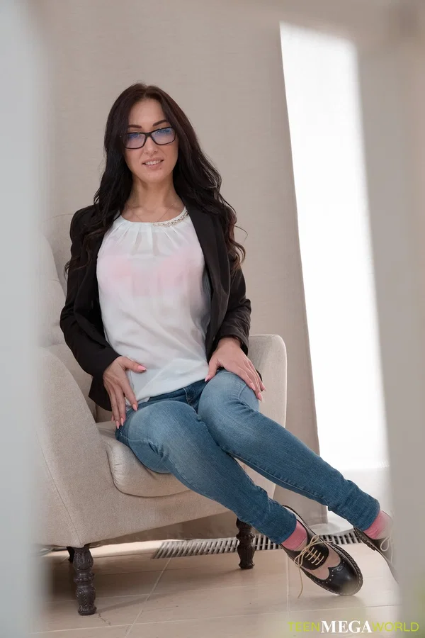 Nerdy teen Nika Charming gets her twat licked and banged hardcore  - Glasses, Brunette, Kissing, Jeans, Doggy Style, Russian, Clothed, Shaved, Natural Tits, Cumshot  - Photo 3