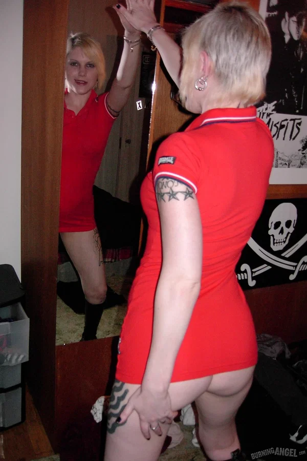 Sassy blonde fetish chick poses in skintight red dress flashing naked upskirt  - Fetish, Boots, Short Hair  - Photo 13