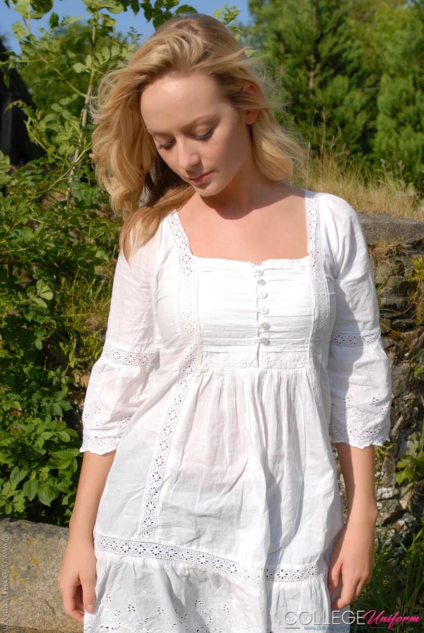 Cute blonde babe Alana Chase posing in her gorgeous outfit outdoors  - College, Schoolgirl, Uniform  - Photo 16