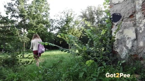 Short taken girl Rita ducks behind a building for a badly needed piss  - Pissing, Public, Upskirt, Beautiful, Hairy, Outdoor, Pussy, Panties, Spreading, Skirt  - Photo 15