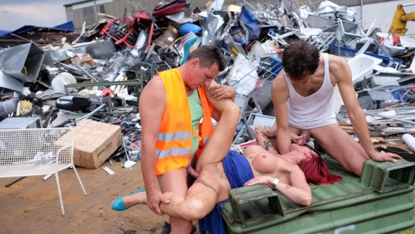Redhead MILF with tattoos and fake tits gets banged in a junk yard 3some  - German, Blowbang, Gangbang, Tattoo, Ass, Groupsex, Upskirt, PAWG, Redhead, Cumshot  - Photo 14
