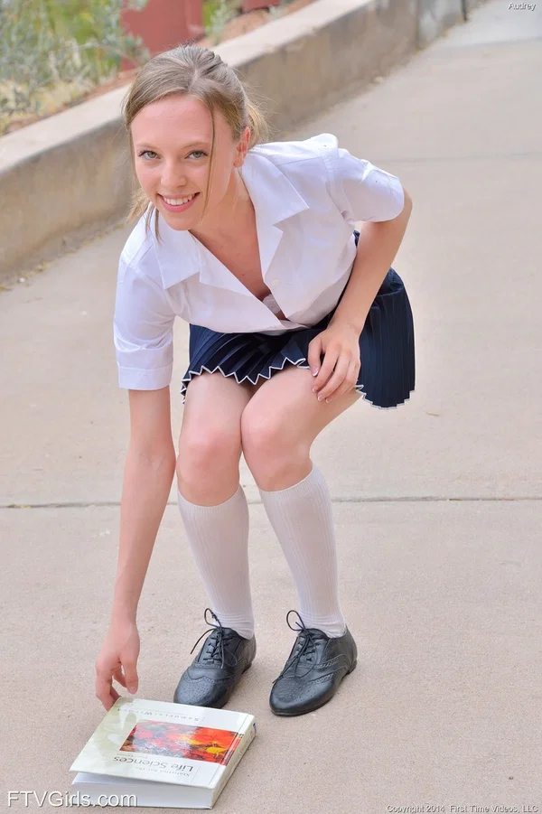 Shy amateur babe Audrey removes panties & shows her cunt on the stairs  - Petite, Pretty, College, Teen, Cute, Skirt, Schoolgirl, Clothed, Upskirt, Sexy  - Photo 4