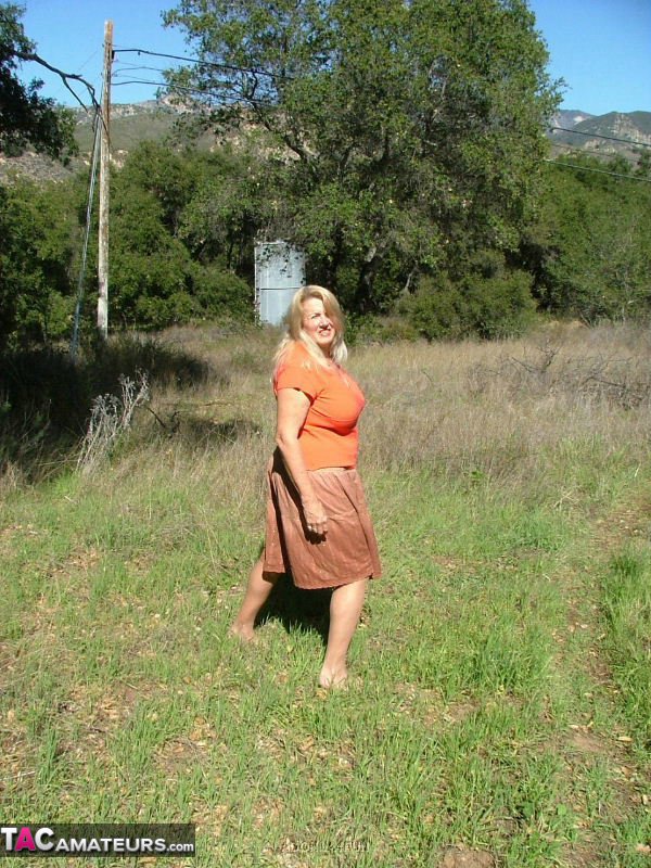 Old amateur Adonna bares her big tits and bald cunt with the sun in her eyes  - Mature, BBW, Outdoor, Big Tits, Thick, Chubby, Curvy, Skirt, Pantyhose, Lingerie  - Photo 2