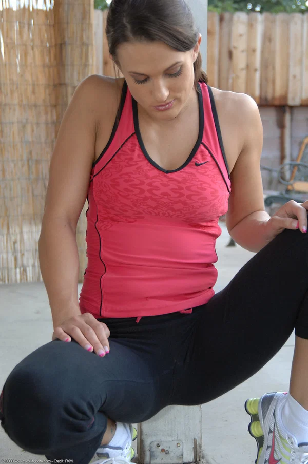 Athletic girl Misty Anderson fingers her pussy on a concrete patio in sneakers  - Amateur, Outdoor, Pussy, Spreading, Natural Tits, Brunette, Tiny Tits, Ass, Clothed, Shaved  - Photo 3