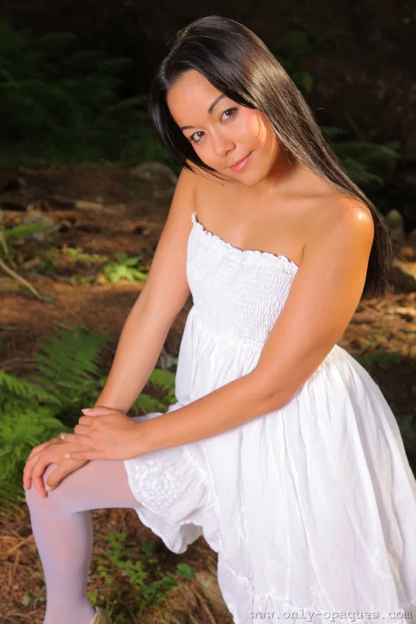 Asian princess Lily S touches her cute body while stripping in the forest  - Pantyhose, Asian, Petite, Dress, Outdoor, Undressing, Legs, Ass, High Heels, Spreading  - Photo 2