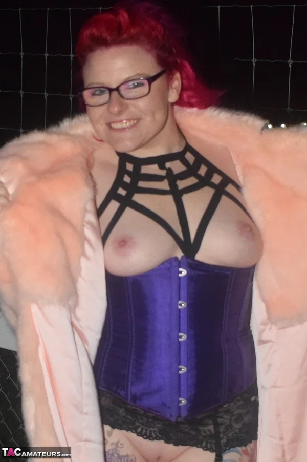 Redheaded amateur Mollie Foxxx flashes at night in a fur coat  - Public, Chubby, MILF, Glasses, Curvy, BBW, Amateur, Lingerie, Outdoor, Thick  - Photo 2