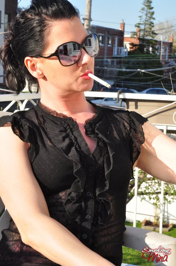 Fully clothed brunette woman smokes and drinks on patio in sunglasses  - Smoking, Non Nude, Fetish, Glasses, Brunette  - Photo 9