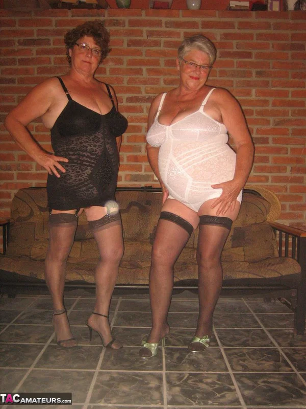 Fat nan Girdle Goddess and her lesbian lover expose their snatches on a sofa  - Granny, SSBBW, BBW, Non Nude, Stockings, Amateur, Chubby, Curvy, Lingerie, Thick  - Photo 11