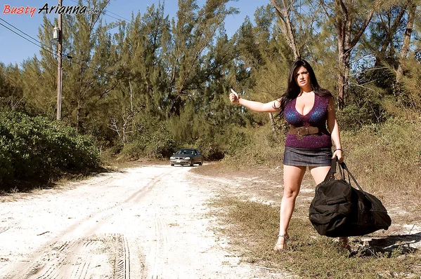 Huge melloned Arianna Sinn was hitchhiking in slutty outfit when she was picked  - BBW, Big Tits, Facesitting, Reality, Outdoor, Curvy, Chubby, Thick, Natural Tits, Skirt  - Photo 1