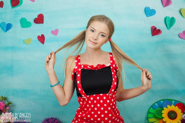 Adorable young girl Flower tugs on pigtails before getting naked in OTK socks  - Cute, Teen, Pigtails, Babe, Socks, Pussy, Beautiful, Amateur, Tiny Tits, Shaved  - Photo 1