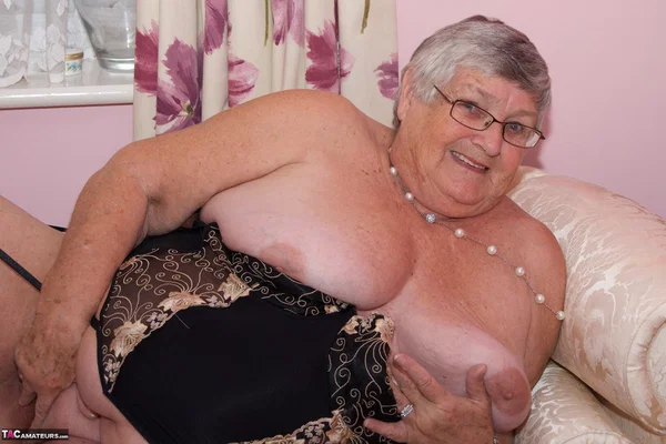 Short haired senior citizen works her tits and pussy free of lingerie  - Granny, Saggy Tits, Glasses, Chubby, BBW, Amateur, Curvy, Lingerie, Thick, Short Hair  - Photo 7
