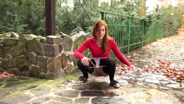 Redhead Sandra lifts her skirt to take a long hot pee in public  - Pissing, Public, Panties, Redhead, Stockings, Babe, Close Up, Skirt, Czech, Ass  - Photo 12