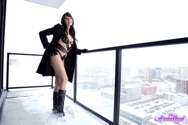 Teen amateur Andi Land flashes on a snow-covered balcony in sexy lingerie  - Boots, Cute, Amateur, Teen, Lingerie, Outdoor, Babe, Clothed, Brunette, Skinny  - Photo 12