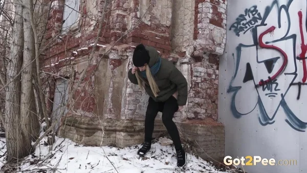 Blonde girl Masha takes a badly needed pee on snow-covered ground  - Public, Pissing, Boots, Outdoor, Pussy, Spreading, Close Up, Undressing, Shaved, Panties  - Photo 3