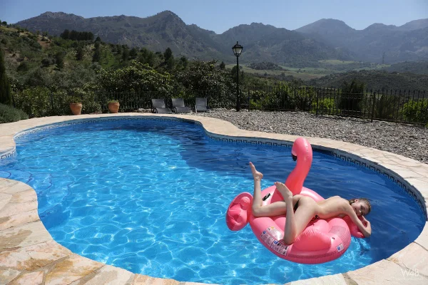Sweet teen girl with big natural tits show her bald twat on an inflatable swan  - Bikini, Skinny, Pool, Outdoor, Teen, Pussy, Shaved, Glamour, Spreading, Ass  - Photo 9