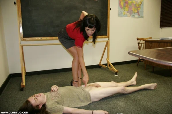 Clothed teacher Dixie Comet lets her tits loose while jerking off a student  - Handjob, Clothed, Brunette, Skirt, MILF, Cumshot, Upskirt, High Heels  - Photo 3