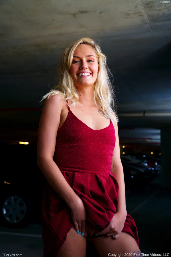Adorable amateur Winter flashing her tiny tits & twat in the parking garage  - Public, Upskirt, Pussy, Spreading, Outdoor, Tall, Tattoo, Skinny, Undressing, Blonde  - Photo 3