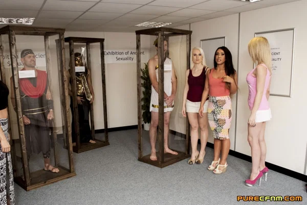 Dressed up hotties watch handsome naked men masturbate at the museum  - CFNM, Groupsex, Reality, Clothed, Skirt, Non Nude, White  - Photo 1
