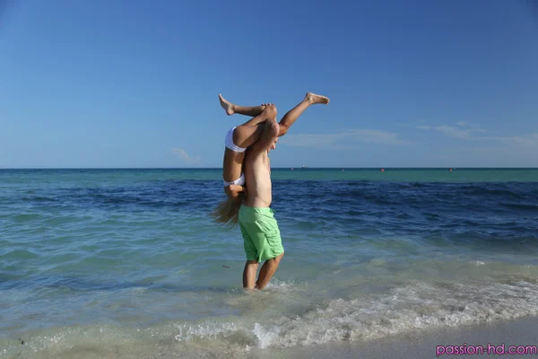 Hot blonde teen Uma Jolie in white bikini kissing & playing on the beach  - Bikini, Teen, Outdoor, Cute, Brunette, Non Nude  - Photo 16