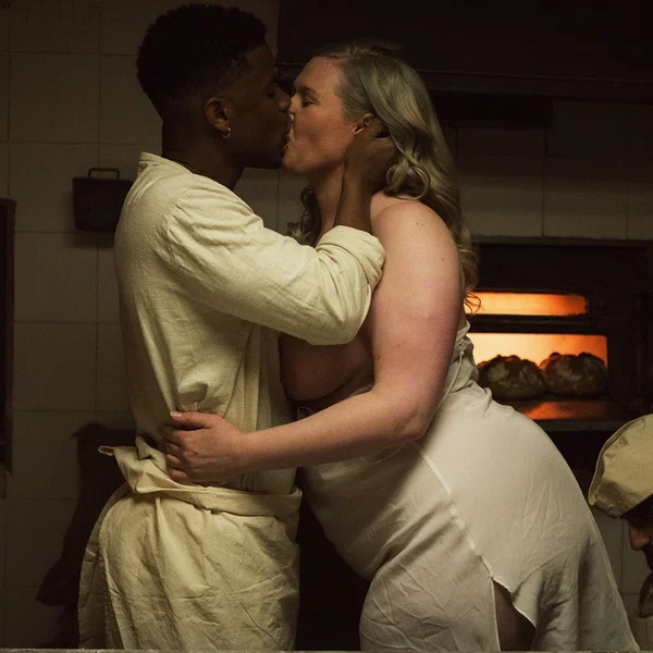 European babe Heidi Priestess fools around with a black man at the bakery  - Interracial, Curvy, Kissing, Chubby, Office, BBW, Thick, Uniform, Erotic, Blonde  - Photo 13