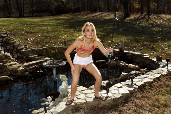 Blonde girl Sara Jaymes gets naked while fishing with a rod and reel  - Outdoor, Upskirt, Skirt, Beautiful, Spreading, Dildo, PAWG, Tiny Tits, Solo, Ass  - Photo 15