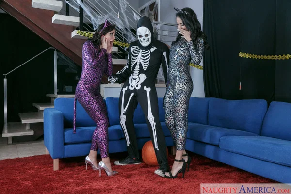 Sexy pussycats Adriana & Abby Lee swap cum in hot Halloween threesome  - Brazilian, Threesome, Cumshot, Groupsex, Pussy, Latina, Petite, Brunette, Uniform, Cowgirl  - Photo 1