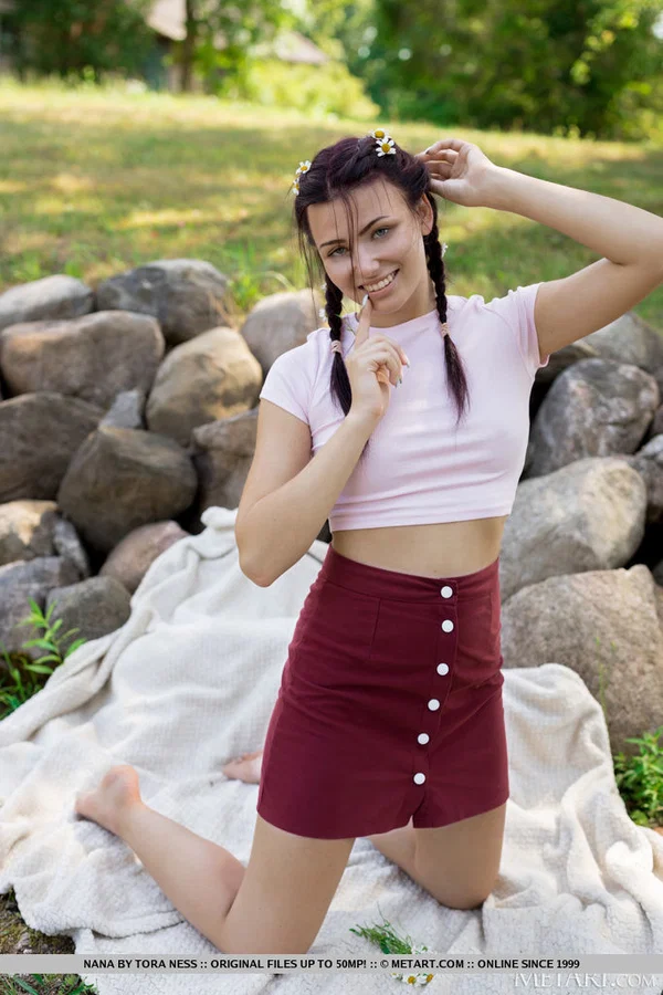 Brunette teen Nana tugs on her pigtails after going nude in the outdoors  - Ass, Pussy, Outdoor, Pigtails, Tiny Tits, Spreading, Shaved, Close Up, Clothed, Asshole  - Photo 2