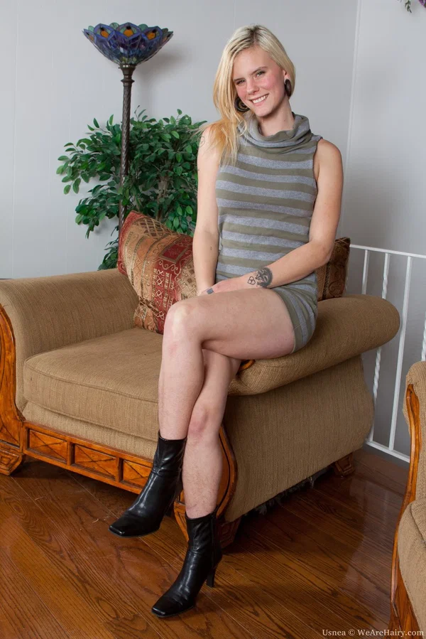 All natural blonde undresses and parts her hairy pussy lips on chair  - Hairy, Spreading, Ass, Panties, Upskirt, Asshole, Babe, Beautiful, Solo, PAWG  - Photo 1