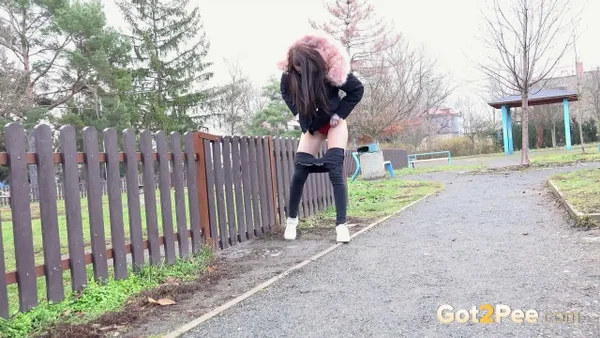 Caucasian girl Katy Sky ducks behind a picket fence for a badly needed pee  - Public, Jeans, Pissing, Hairy, Outdoor, Pussy, Czech, PAWG, Ass, Babe  - Photo 12