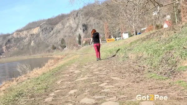 Redheaded girl Sandra pees on a path while walking near the water  - Pissing, Public, Czech, Redhead, Non Nude, Glasses, Outdoor, Pussy, Spreading, Close Up  - Photo 15