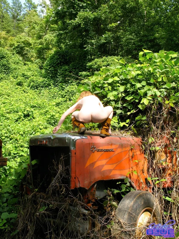 Amateur babe in boots Nicki Blue strips and poses on a tractor in the forest  - Outdoor, Redhead, Boots, Petite, Hairy, Ass, PAWG, Babe, Spreading, Short Hair  - Photo 6