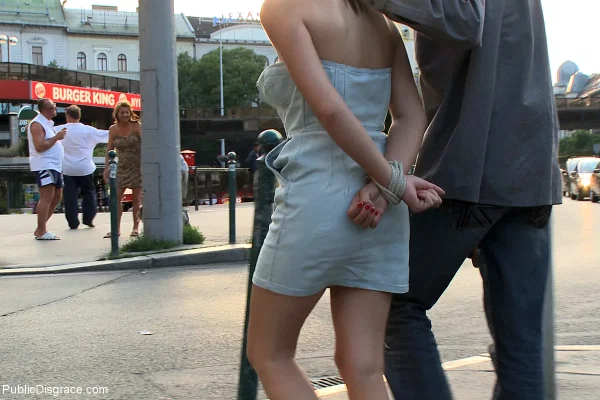 Amateur chick Lucy Bell is left handcuffed and naked on a public sidewalk  - Public, BDSM, Bondage, Outdoor, Ass, Skirt, Natural Tits, Non Nude, Upskirt, Clothed  - Photo 11