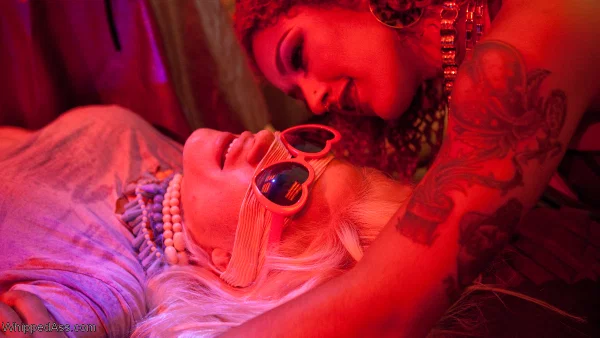 Blonde girl is blindfolded by a couple of lesbians before being masturbated  - Femdom, Glasses, Lesbian, BDSM, Bondage, Curly, High Heels, Stockings, Tattoo, Blonde  - Photo 15
