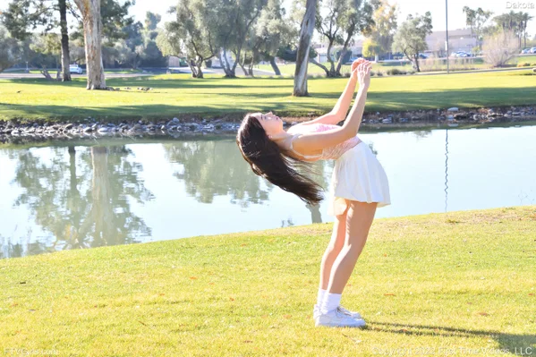 Amateur babe Dakota unveils her tiny tits and does a handstand by the river  - Petite, Tiny Tits, Clothed, Upskirt, Sexy, Amateur, Flexible, Natural Tits, Skirt, Outdoor  - Photo 7