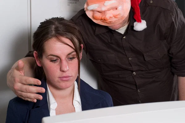 Creepy man in a Santa mask ball gags and ties up a clothed brunette  - Secretary, Office, Bondage, Clothed, Christmas, Amateur, Feet, BDSM, Big Tits, Brunette  - Photo 7