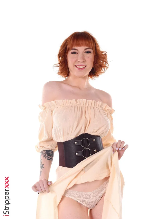 Skinny redhead Lilly Mays impales her bald pussy upon a suction dildo  - Redhead, Beautiful, Short Hair, Shaved, Tattoo, Big Tits, Upskirt, Clothed, Skinny, Panties  - Photo 3