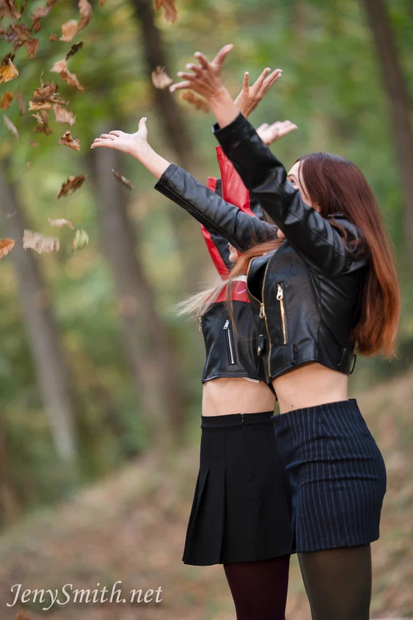 Beautiful lesbian Jeny Smith & her sexy GF show their small tits outdoors  - Upskirt, Non Nude, Pantyhose, Leather, Skirt, Spreading, Clothed, High Heels, Lesbian, Natural Tits  - Photo 1