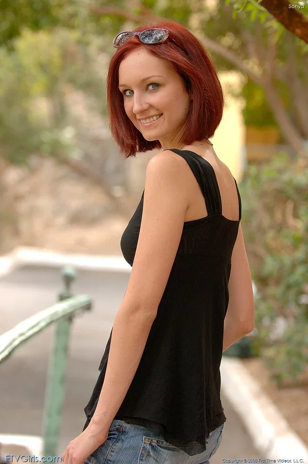 Redheaded babe with sunglasses Sonya reveals her juggs and rubs her twat  - Redhead, Short Hair, Jeans, Amateur, Perfect, Outdoor, Glasses, Clothed, Babe, Undressing  - Photo 8